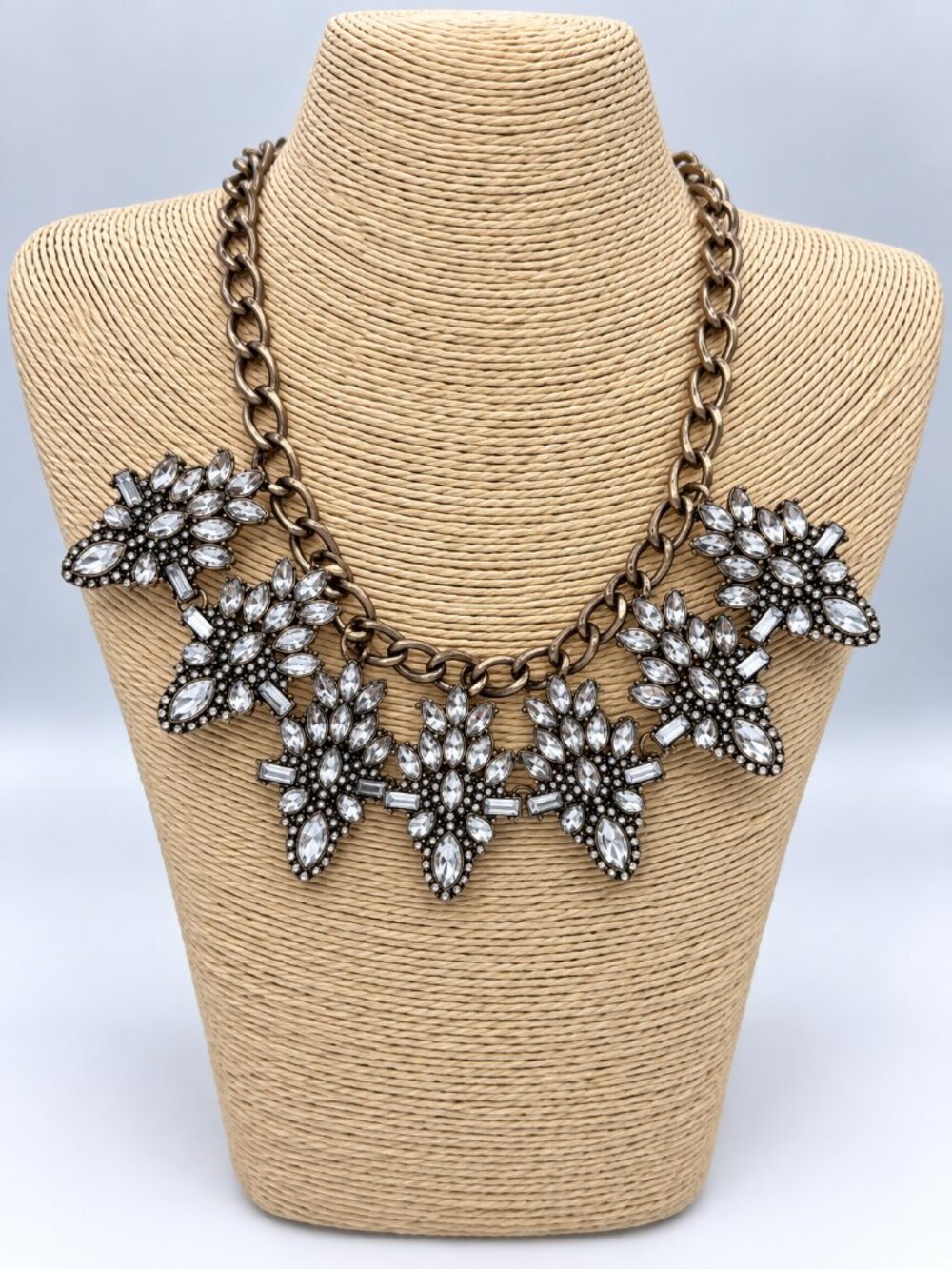 Crystal Rhinestone Floral Bib Statement Necklace Antique Gold Tone